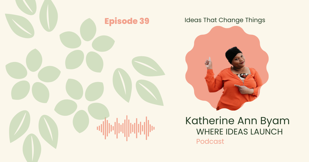 Images in Pink and Green, of a woman, the host on the podcast, Where ideas Launch, a Sustainable innovation Podcast.