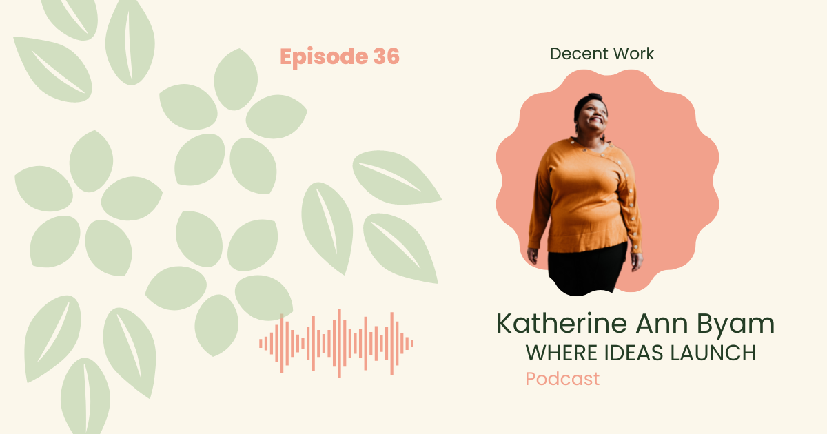Images in Pink and Green, of a woman, the host on the podcast, Where ideas Launch, a Sustainable innovation Podcast.