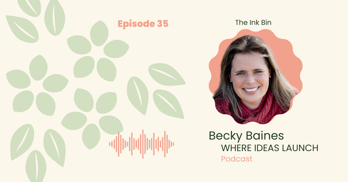 Images in Pink and Green, of a woman, the guest on the podcast, Where ideas Launch, a Sustainable innovation Podcast.