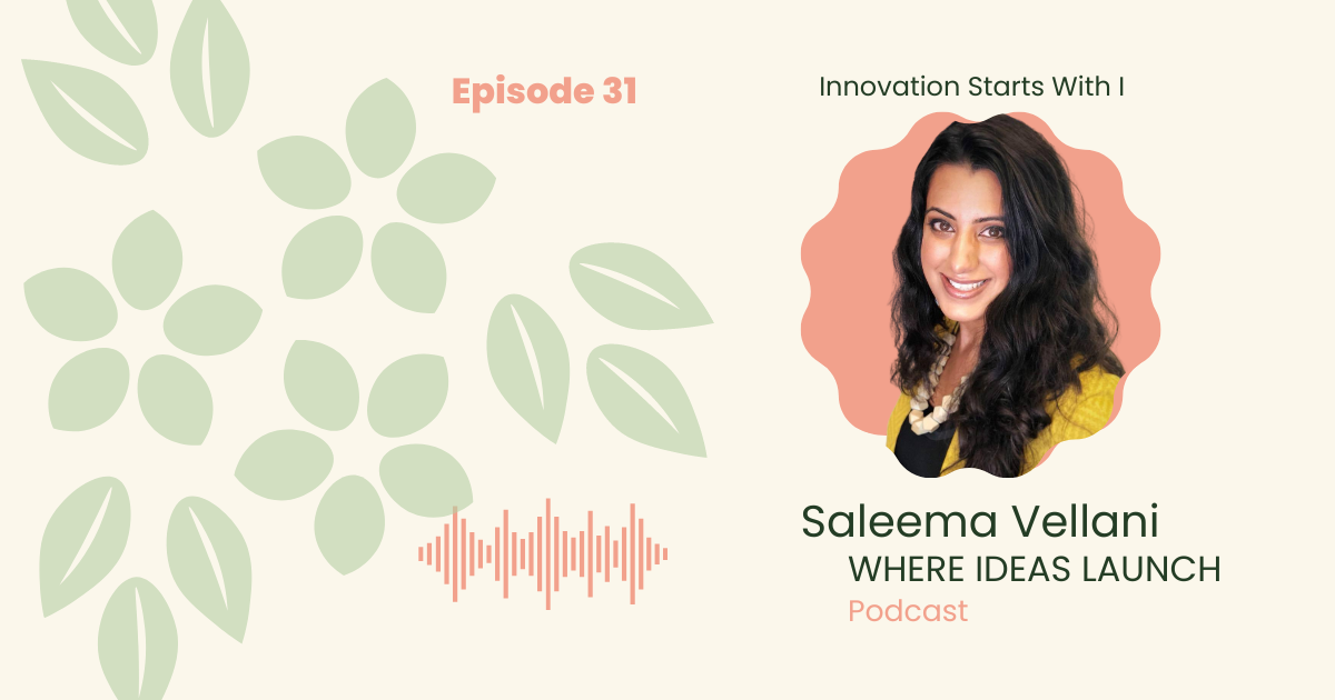 Images in Pink and Green, of a woman, the guest on the podcast, Where ideas Launch, a Sustainable innovation Podcast.