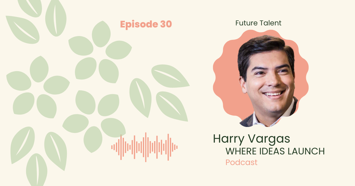 Images in Pink and Green, of a man, the guest on the podcast, Where ideas Launch, a Sustainable innovation Podcast.