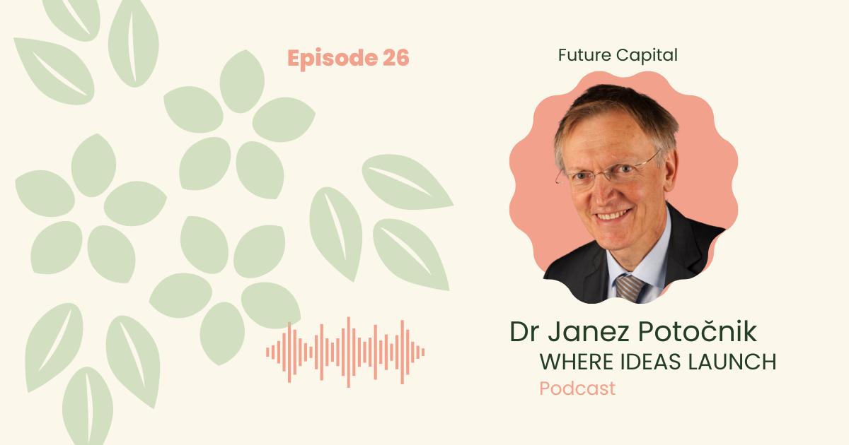 Images in Pink and Green, of a man, the guest on the podcast, Where ideas Launch, a Sustainable innovation Podcast.