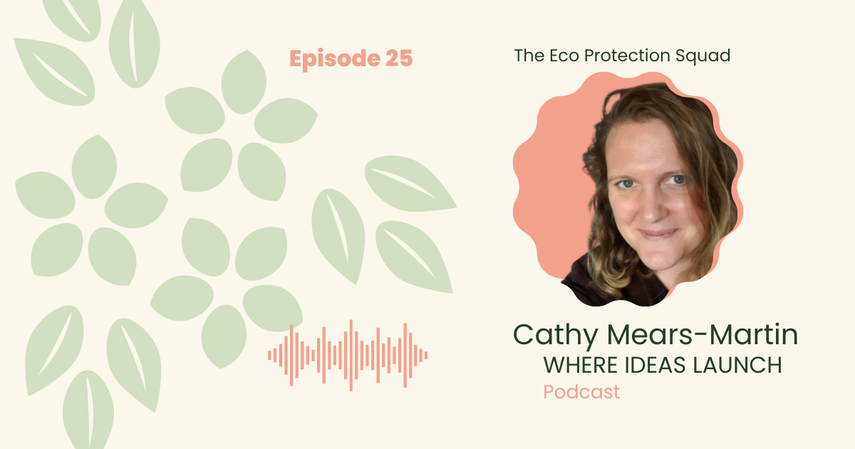 Images in Pink and Green, of a woman, the guest on the podcast, Where ideas Launch, a Sustainable innovation Podcast.