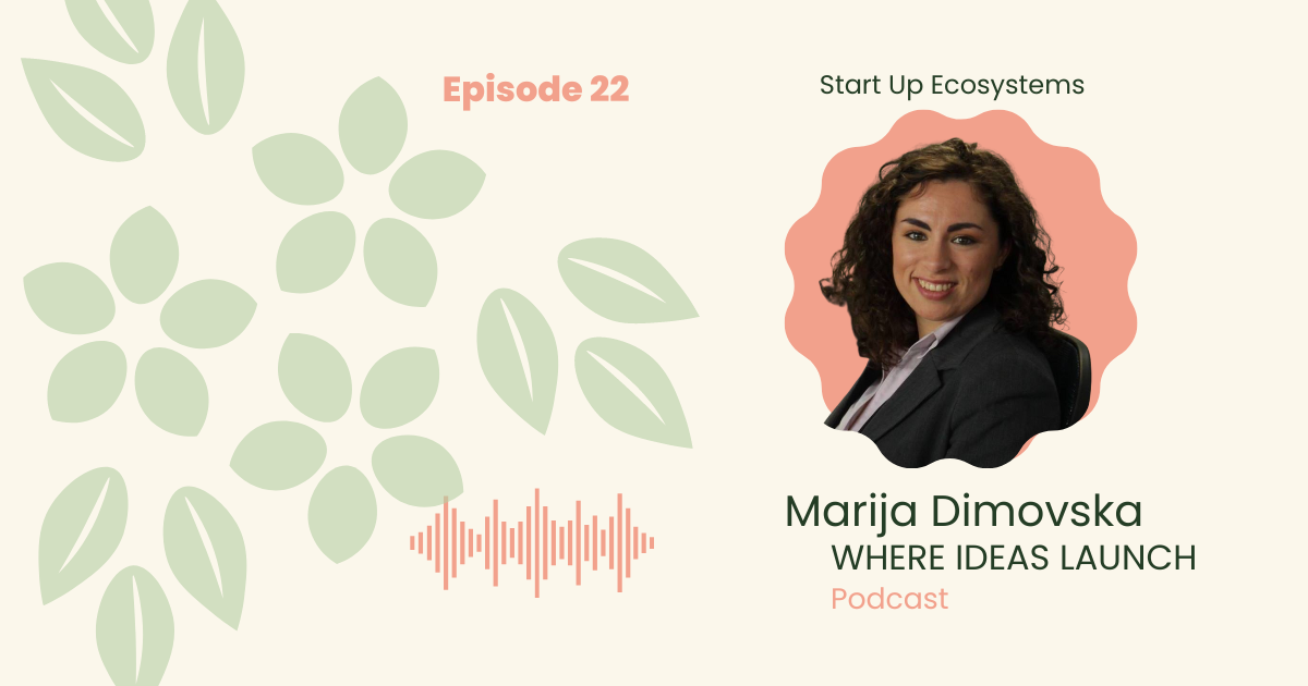 Images in Pink and Green, of a woman, the guest on the podcast, Where ideas Launch, a Sustainable innovation Podcast.