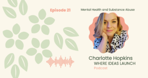 Images in Pink and Green, of a woman, the guest on the podcast, Where ideas Launch, a Sustainable innovation Podcast.