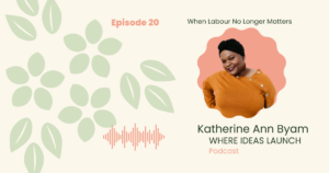 Images in Pink and Green, of a woman, the host on the podcast, Where ideas Launch, a Sustainable innovation Podcast.