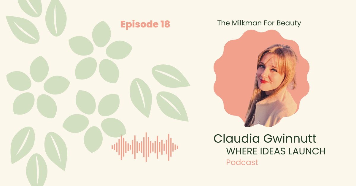 Images in Pink and Green, of a woman, the guest on the podcast, Where ideas Launch, a Sustainable innovation Podcast.