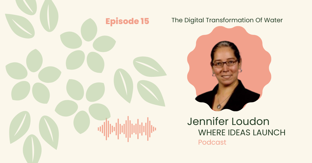Images in Pink and Green, of a woman, the guest on the podcast, Where ideas Launch, a Sustainable innovation Podcast.
