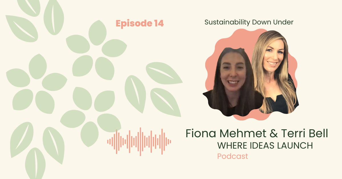 Images in Pink and Green, of a woman, the guest on the podcast, Where ideas Launch, a Sustainable innovation Podcast.