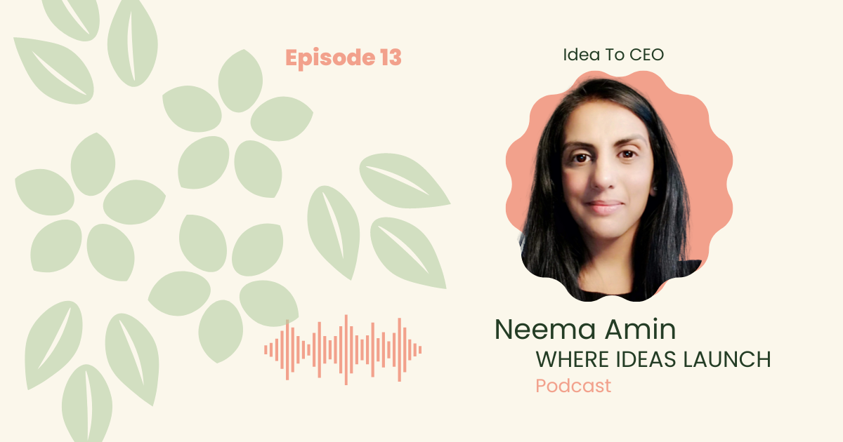 Images in Pink and Green, of a woman, the guest on the podcast, Where ideas Launch, a Sustainable innovation Podcast.