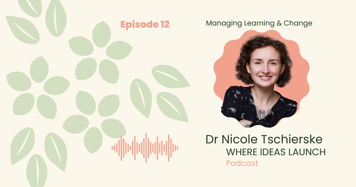 Images in Pink and Green, of a woman, the guest on the podcast, Where ideas Launch, a Sustainable innovation Podcast.