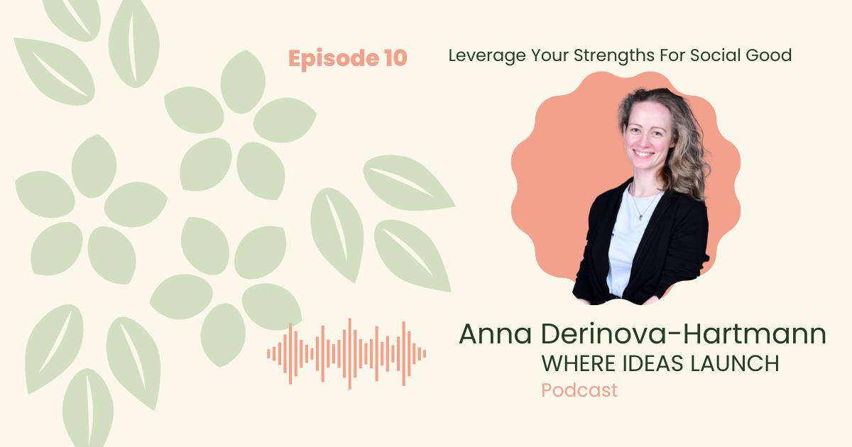 Images in Pink and Green, of a woman, the guest on the podcast, Where ideas Launch, a Sustainable innovation Podcast.