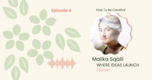 Images in Pink and Green, of a woman, the guest on the podcast, Where ideas Launch, a Sustainable innovation Podcast.