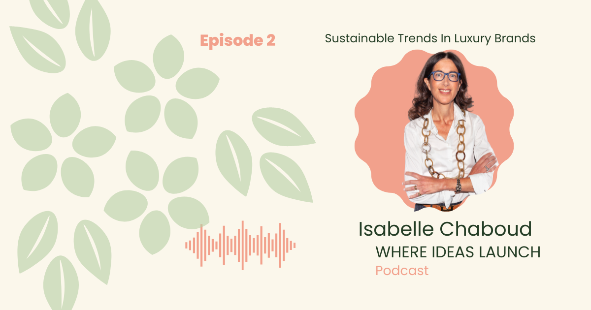 Images in Pink and Green, of a woman, the guest on the podcast, Where ideas Launch, a Sustainable innovation Podcast.