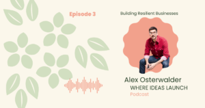 Images in Pink and Green, of a man, the guest on the podcast, Where ideas Launch, a Sustainable innovation Podcast.