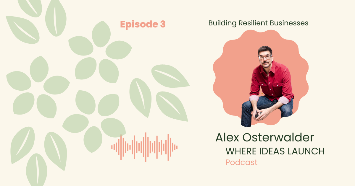 Images in Pink and Green, of a man, the guest on the podcast, Where ideas Launch, a Sustainable innovation Podcast.