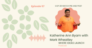 Images in Pink and Green, of a woman, the host on the podcast, Where ideas Launch, a Sustainable innovation Podcast.