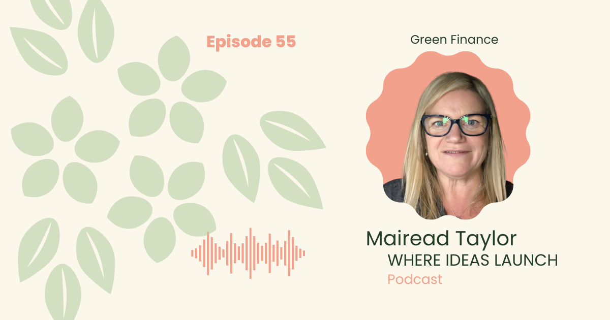 Images in Pink and Green, of a woman, the guest on the podcast, Where ideas Launch, a Sustainable innovation Podcast