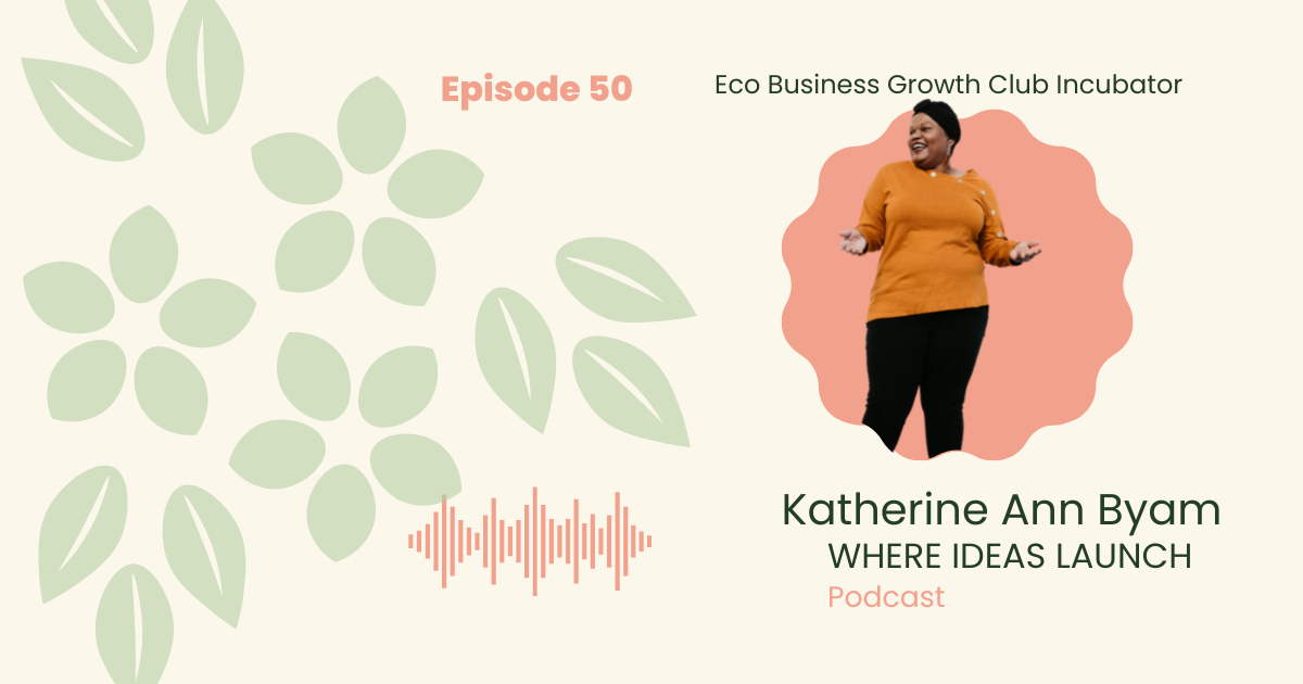 Images in Pink and Green, of a woman, the host on the podcast, Where ideas Launch, a Sustainable innovation Podcast.
