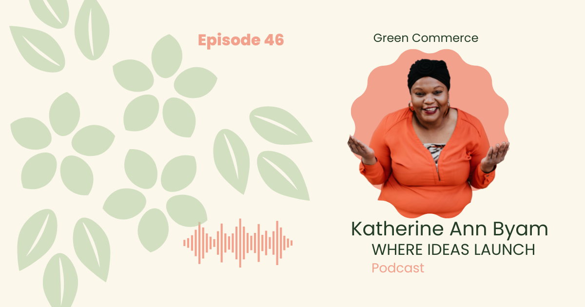 Images in Pink and Green, of a woman, the host on the podcast, Where ideas Launch, a Sustainable innovation Podcast.