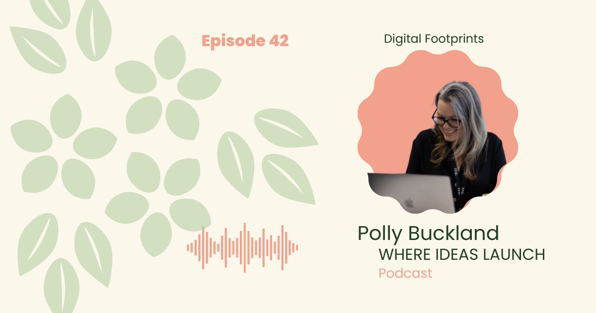 Images in Pink and Green, of a woman, the guest on the podcast, Where ideas Launch, a Sustainable innovation Podcast.