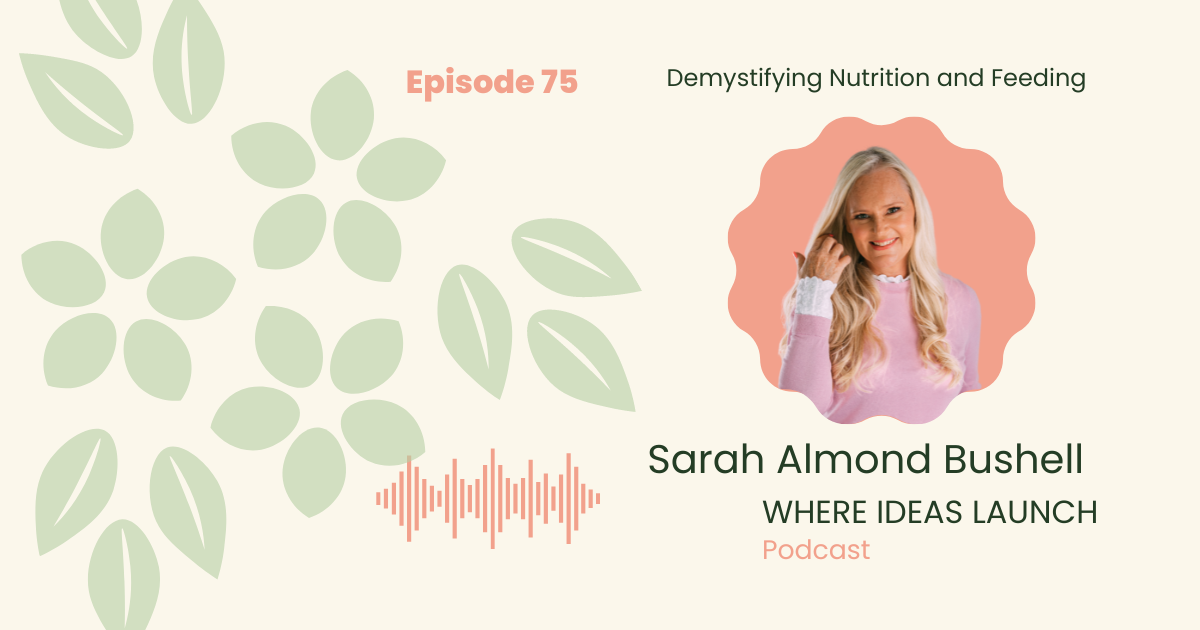 Where Ideas Launch - the Sustainable Innovation Podcast Hosts Sarah Almond Bushell - Image of Sarah standing in a pink jumper amidst the brand