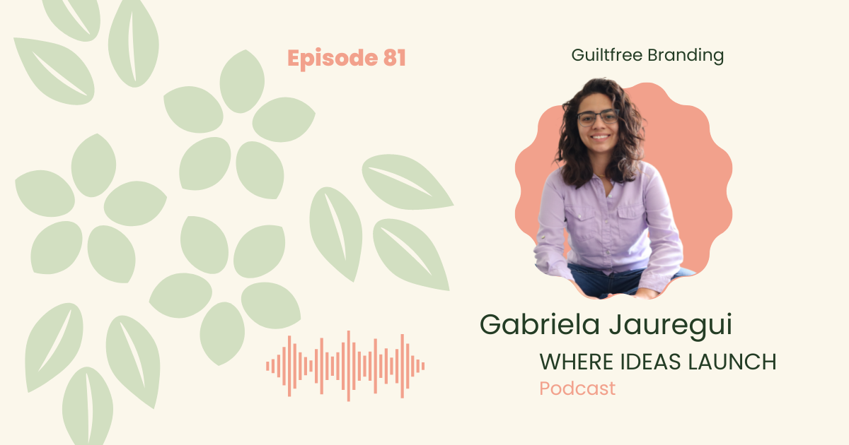 A Photo of a woman sitting with legs folded, talking about the podcast episode guilt free branding.