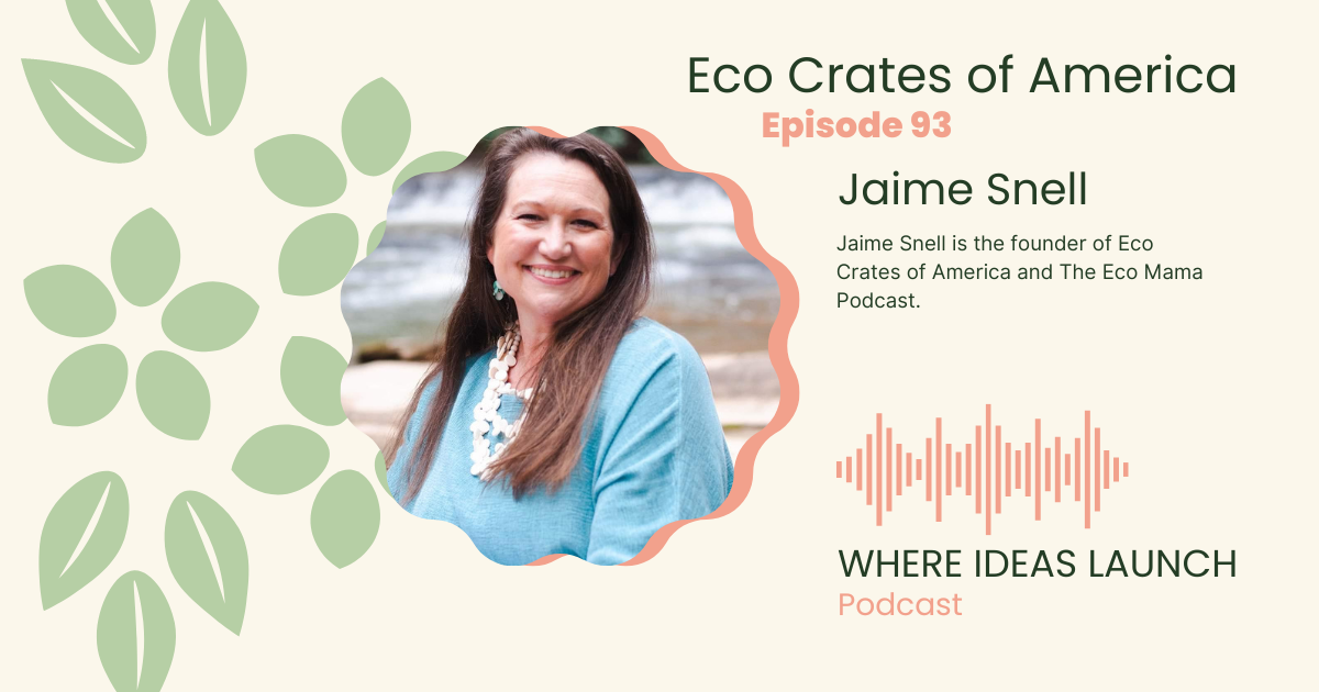 A woman smiling as the inset of a podcast episode on Where Ideas Launch - Sustainable Innovation Podcast