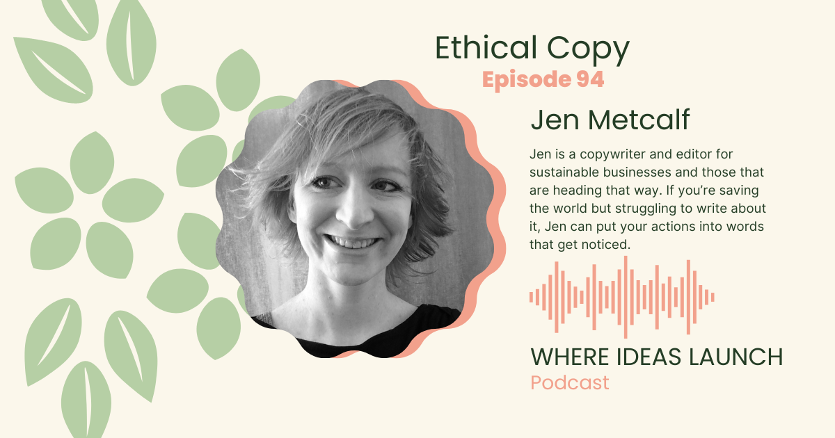 Woman smiling, as the inset photo for a podcast episode of Where Ideas Launch - Sustainable Innovation Podcast