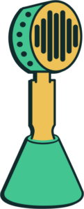 Iconic image of a stylized retro 1970s microphone with a bold, teal base and a golden yellow handle, symbolizing the powerful voice of environmental activism and sustainable innovation from that era. The design reflects a blend of vintage British aesthetic and the global movement for ecological progress, resonating with the themes discussed on the eco-conscious business podcast.