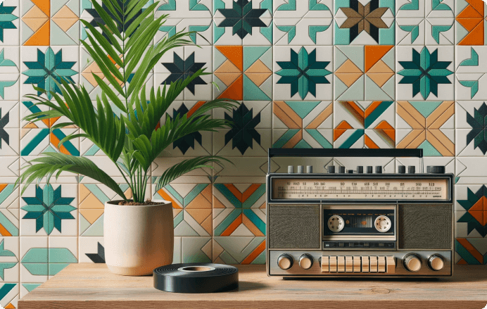This image showcases a scene with a vintage cassette player reminiscent of 1970s activism on a wooden surface, next to a lush green potted plant that adds a touch of natural vitality. Behind, a wall adorned with mosaic tiles, inspired by Trinidadian patterns, features a vibrant array of geometric shapes in shades of green, blue, orange, and cream. The composition celebrates the fusion of retro technology and environmental themes, reflecting a nostalgia for the era's passionate advocacy for sustainability and innovation.